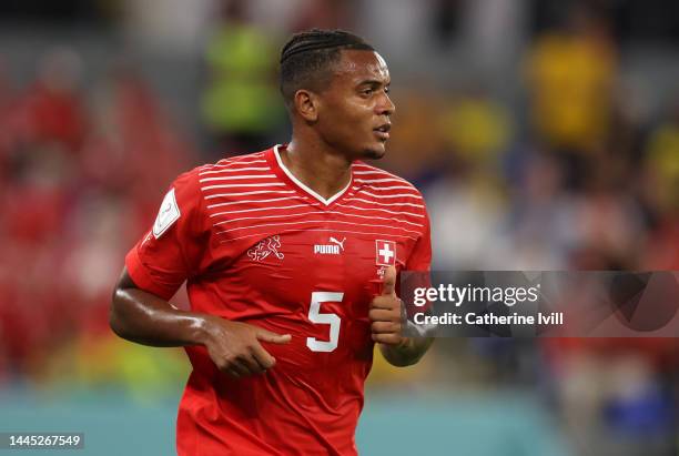 Manuel Akanji of Switzerland during the FIFA World Cup Qatar 2022 Group G match between Brazil and Switzerland at Stadium 974 on November 28, 2022 in...