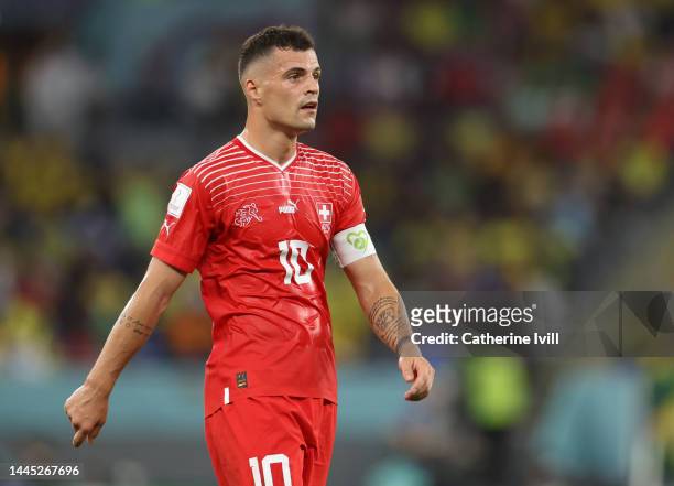 Granit Xhaka of Switzerland during the FIFA World Cup Qatar 2022 Group G match between Brazil and Switzerland at Stadium 974 on November 28, 2022 in...