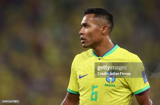 Alex Sandro of Brazil looks on during the FIFA World Cup Qatar 2022 Group G match between Brazil and Switzerland at Stadium 974 on November 28, 2022...