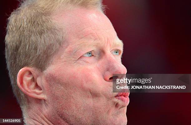 Norway's head coach Roy Johansen reacts during a preliminary round match against Denmark at the Ice Hockey World Championships in Stockholm on May...
