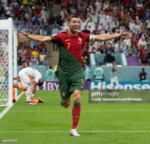 Cristiano Ronaldo celebrates after Portugals first goal during the FIFA World Cup Qatar 2022 Group H match between Portugal and Uruguay at Lusail...