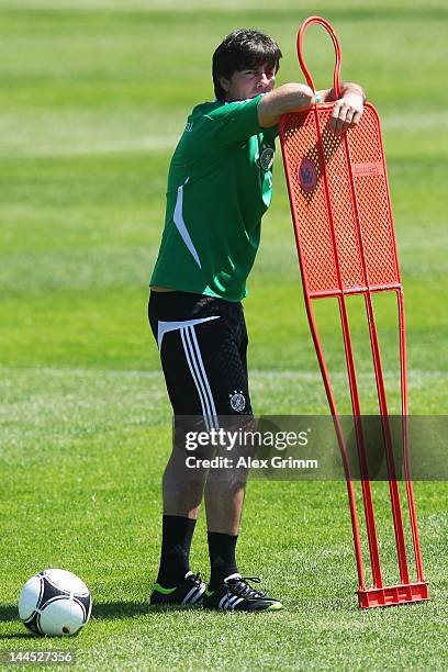 Head coach Joachim Loew looks on during a Germany training session at Campo Sportivo Comunale Andrea Dora on May 15, 2012 in Olbia, Italy.
