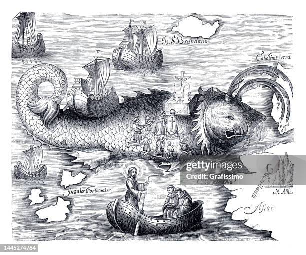 monks' ship is carried by a giant fish sea monster 15th century - sea monster stock illustrations