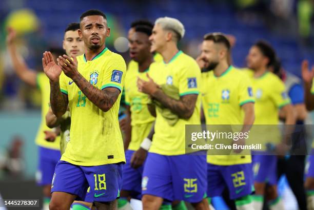 Gabriel Jesus of Brazil applauds the crowd with his team mates after the FIFA World Cup Qatar 2022 Group G match between Brazil and Switzerland at...