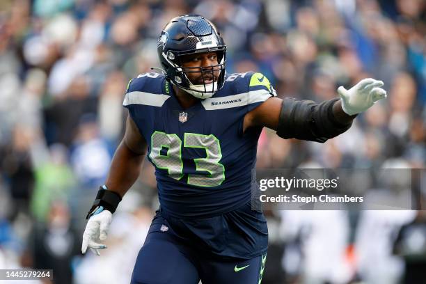 Shelby Harris of the Seattle Seahawks in action during the first quarter against the Las Vegas Raiders at Lumen Field on November 27, 2022 in...