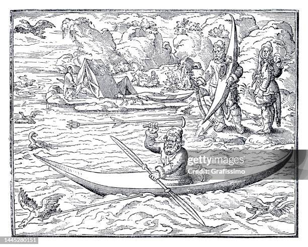 stockillustraties, clipart, cartoons en iconen met greenland native people hunting in kayak woodcut 15th century - circa 15th century