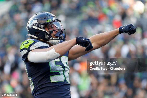 Tanner Muse of the Seattle Seahawks reacts during the second half against the Las Vegas Raiders at Lumen Field on November 27, 2022 in Seattle,...