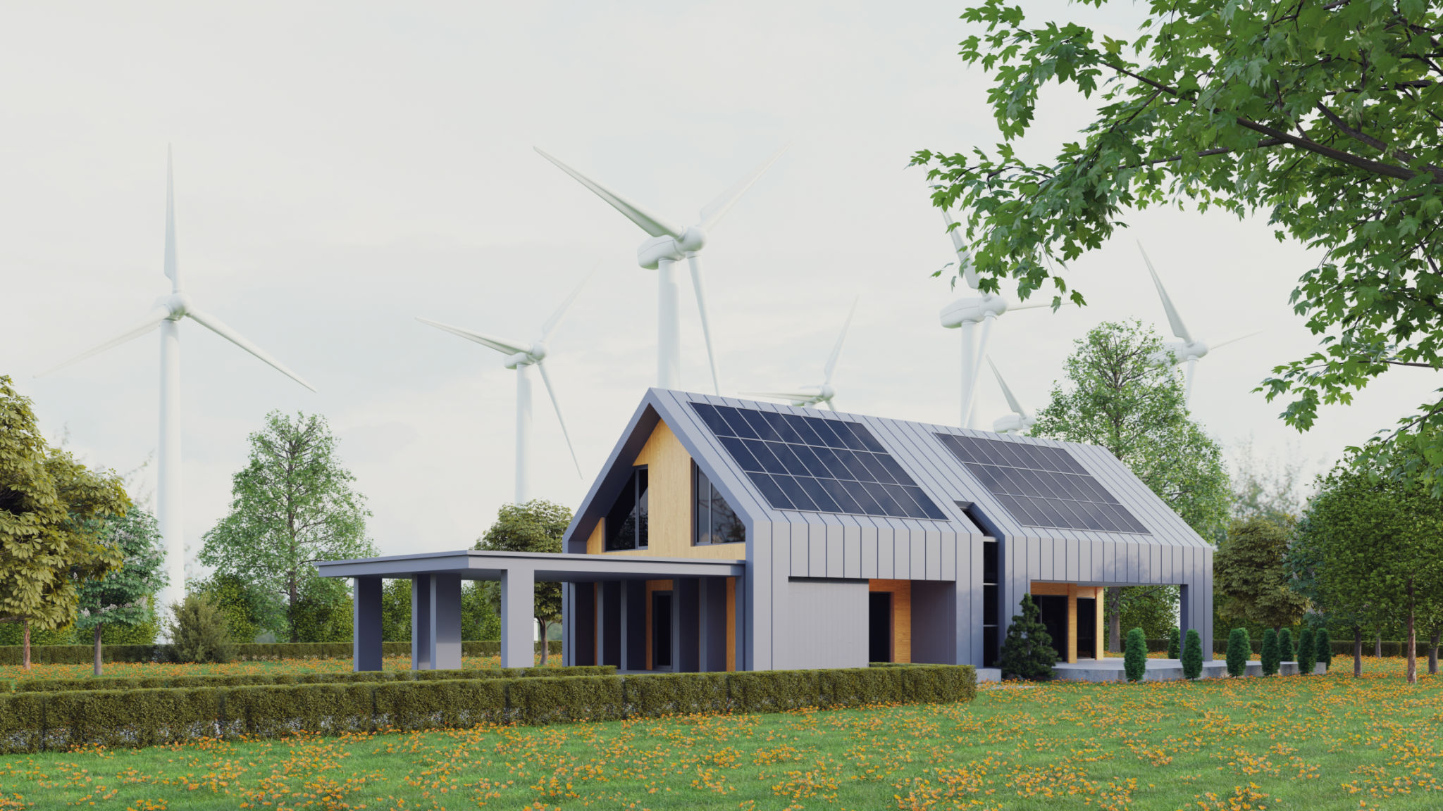 Modern eco house with solar panels and windmills to use alternative energy. Modern eco house with solar panels and windmills to use alternative energy.