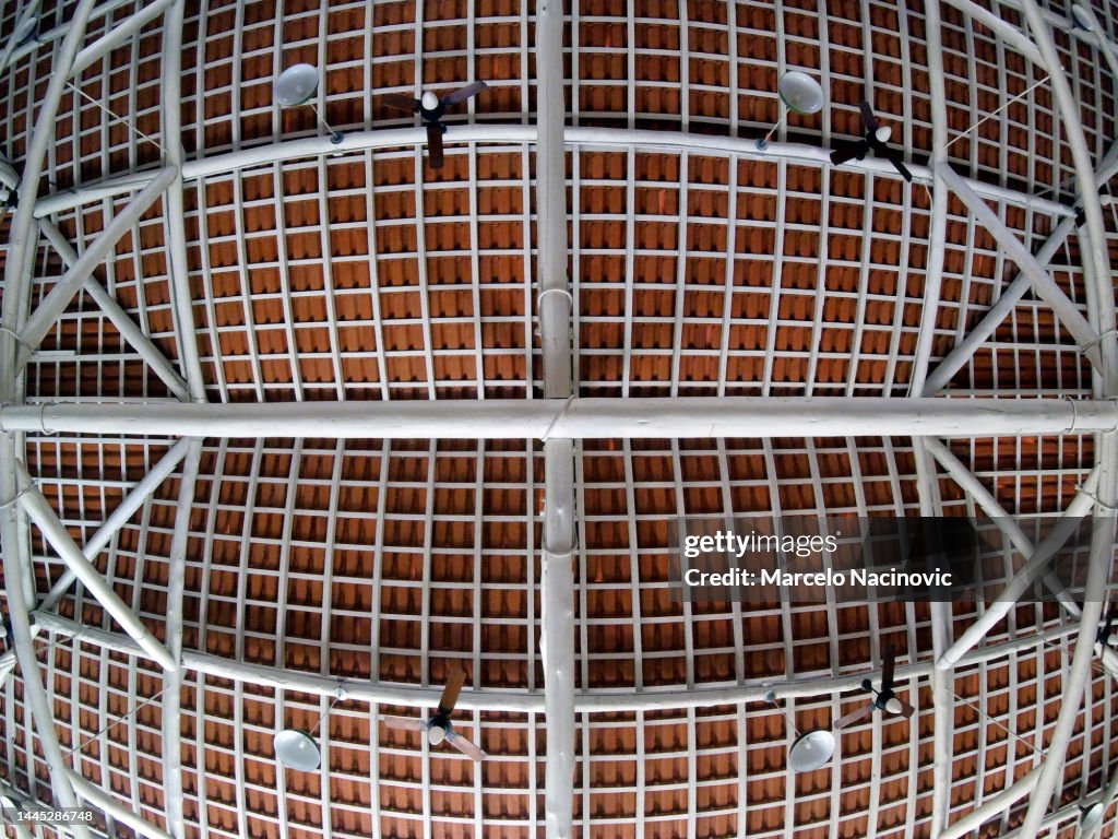 Wooden roof structure seen from below