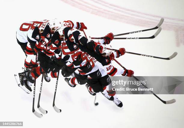 Alexander Holtz of the New Jersey Devils takes the shot in warm-ups prior to the game against the New York Rangers at Madison Square Garden on...