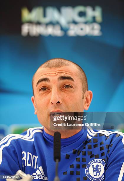 Manager Roberto Di Matteo of Chelsea speaks to the media during a press conference at Chelsea Training Ground on May 15, 2012 in Cobham, England.