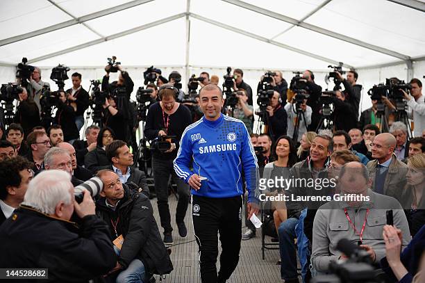 Manager Roberto Di Matteo of Chelsea speaks to the media during a press conference at Chelsea Training Ground on May 15, 2012 in Cobham, England.