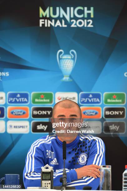 Roberto Di Matteo of Chelsea during a press conference at the Cobham training ground on May 15, 2012 in Cobham, England.