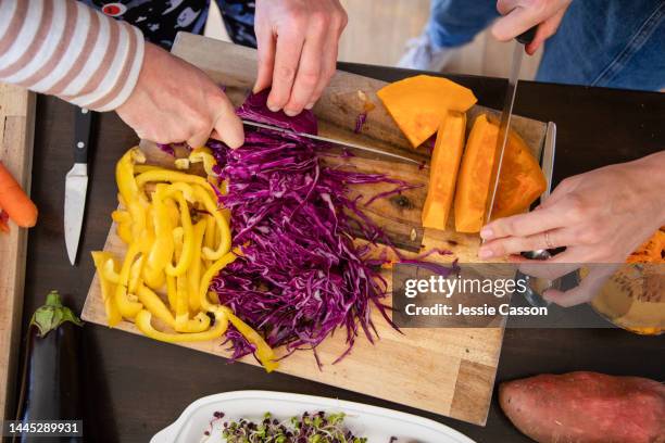 close up of hands and chopped vegetables - preparing food stock pictures, royalty-free photos & images