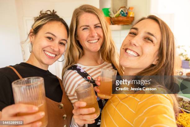 a portrait three young women in a kitchen - kombucha stockfoto's en -beelden