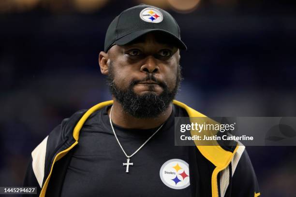 Head coach Mike Tomlin of the Pittsburgh Steelers looks on prior to the game against the Indianapolis Colts at Lucas Oil Stadium on November 28, 2022...