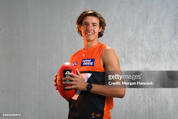 Aaron Cadman of the Giants poses during the 2022 AFL Draft Victorian-Based Players Media Opportunity at Marvel Stadium on November 29, 2022 in...
