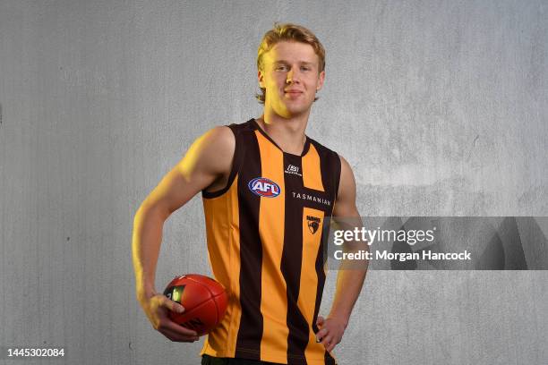Cameron Mackenzie of the Hawks poses during the 2022 AFL Draft Victorian-Based Players Media Opportunity at Marvel Stadium on November 29, 2022 in...