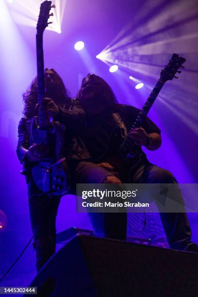 Frank Sidoris and Wolfgang Van Halen of Mammoth WVH perform at Wiener Stadthalle on November 28, 2022 in Vienna, Austria.