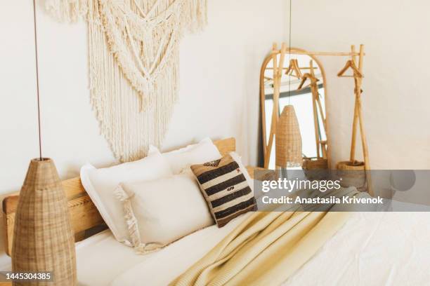 bedroom cozy decoration. - cozy bedroom stock pictures, royalty-free photos & images