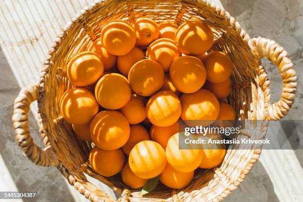 directly above view of oranges in basket. - orange fotografías e imágenes de stock