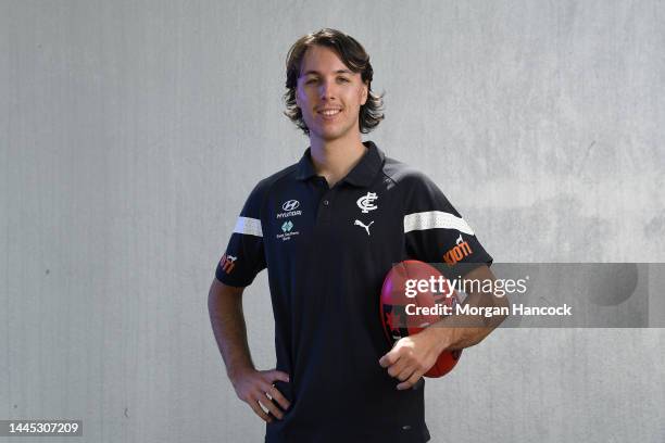 Oliver Hollands of the Blues poses during the 2022 AFL Draft Victorian-Based Players Media Opportunity at Marvel Stadium on November 29, 2022 in...