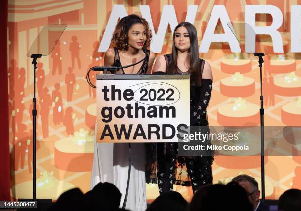 Helena Howard and Devery Jacobs speak onstage during the 2022 Gotham Awards at Cipriani Wall Street on November 28, 2022 in New York City.