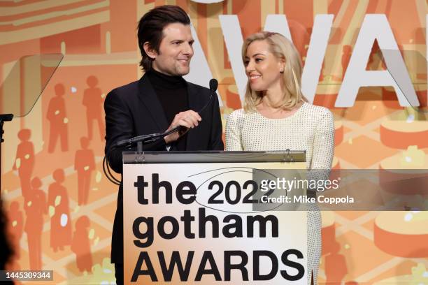 Adam Scott and Aubrey Plaza speak onstage during The 2022 Gotham Awards at Cipriani Wall Street on November 28, 2022 in New York City.