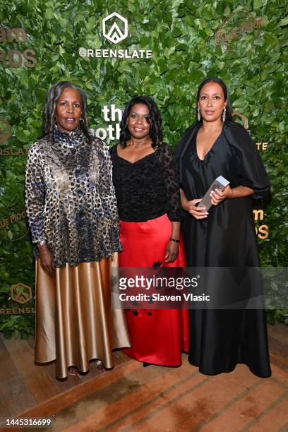 Pamela Poitier, Sherri Poitier and Anika Poitier pose in the GreenSlate Greenroom At The 2022 Gotham Awards at Cipriani Wall Street on November 28,...