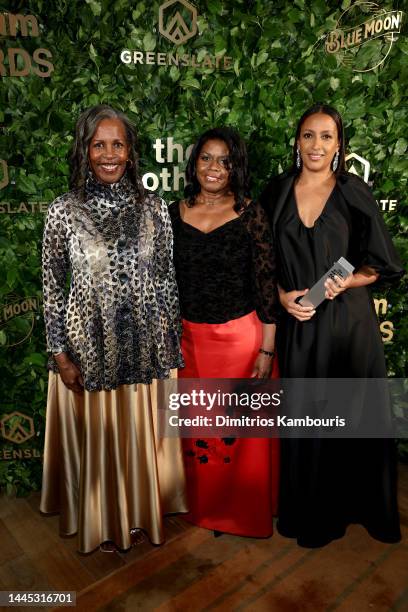 Pamela Poitier, Sherri Poitier and Anika Poitier pose in the GreenSlate Greenroom At The 2022 Gotham Awards at Cipriani Wall Street on November 28,...