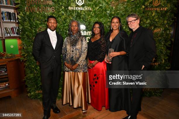 Jonathan Majors, Pamela Poitier, Beverly Poitier-Henderson, Anika Poitier and Derik Murray pose in the GreenSlate Greenroom At The 2022 Gotham Awards...