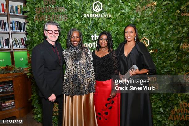 Derik Murray, Pamela Poitier, Beverly Poitier-Henderson, and Anika Poitier pose in the GreenSlate Greenroom At The 2022 Gotham Awards at Cipriani...