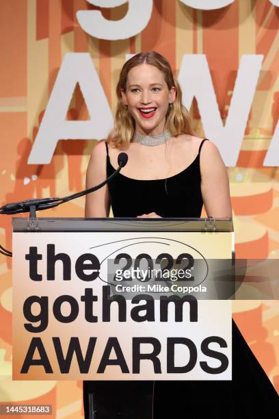 Jennifer Lawrence speaks onstage during The 2022 Gotham Awards at Cipriani Wall Street on November 28, 2022 in New York City.