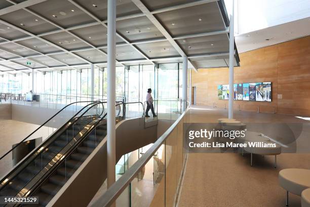 Visitor takes in artworks during a media preview of the new Sydney Modern Project building at Art Gallery Of NSW on November 29, 2022 in Sydney,...