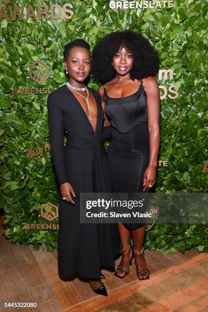 Lupita Nyong'o and Danai Gurira pose in the GreenSlate Greenroom At The 2022 Gotham Awards at Cipriani Wall Street on November 28, 2022 in New York...