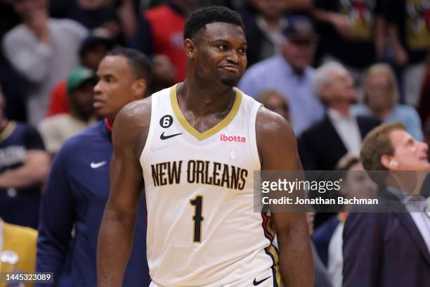 Zion Williamson of the New Orleans Pelicans celebrates during the second half against the Oklahoma City Thunder at Smoothie King Center on November...