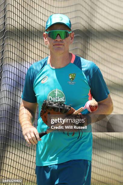 Andrew McDonald, head coach of Australia, looks on during a net session ahead of the first cricket Test match between Australia and the West Indies...