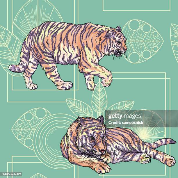 modern art deco tiger seamless pattern or background - art deco seamless pattern stock illustrations