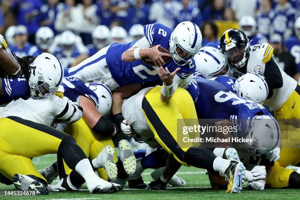 Matt Ryan of the Indianapolis Colts dives for a first down against the Pittsburgh Steelers during the third quarter in the game at Lucas Oil Stadium...
