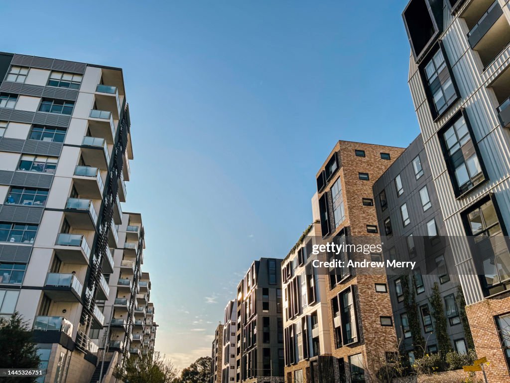 Apartment buildings blue sky, low angle view