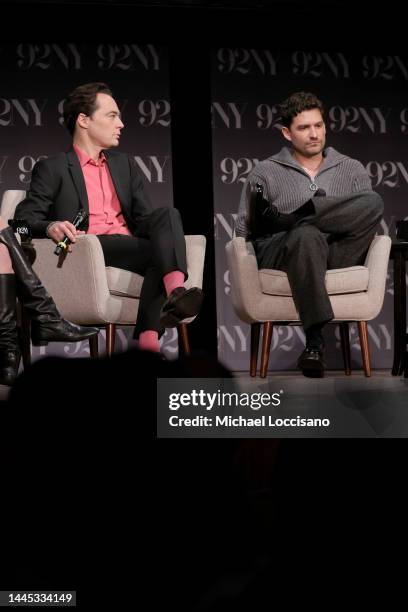 Jim Parsons and Ben Aldridge speak onstage following an advance screening of "Spoiler Alert" at The 92nd Street Y, New York on November 28, 2022 in...