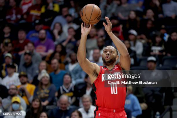 Eric Gordon of the Houston Rockets puts up a shot against the Denver Nuggets in the second quarter at Ball Arena on November 28, 2022 in Denver,...
