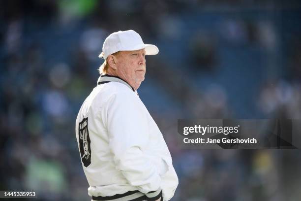 Las Vegas Raiders owner Mark Davis looks on prior to the game against the Seattle Seahawks at Lumen Field on November 27, 2022 in Seattle, Washington.