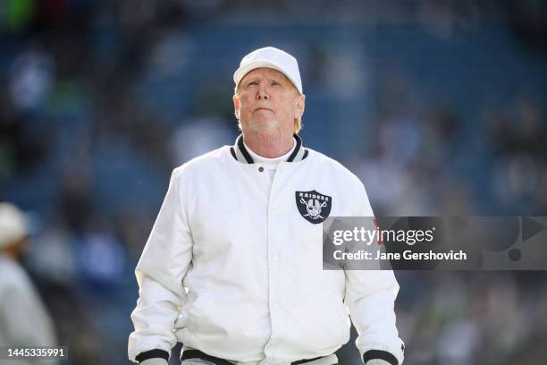 Las Vegas Raiders owner Mark Davis looks on prior to the game against the Seattle Seahawks at Lumen Field on November 27, 2022 in Seattle, Washington.