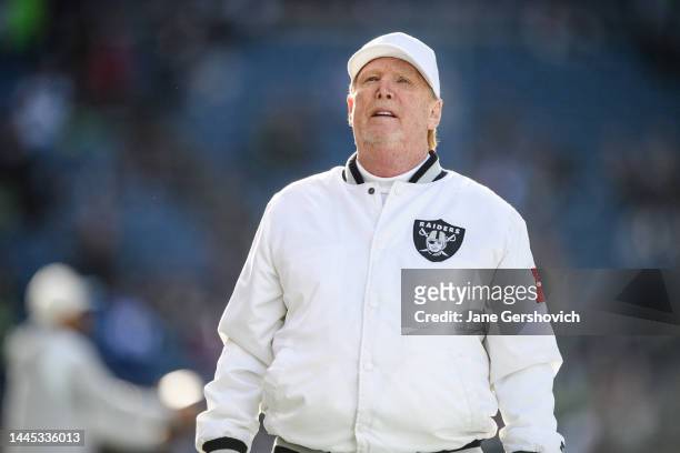 Las Vegas Raiders owner Mark Davis looks on prior to the game against the Seattle Seahawks at Lumen Field on November 27, 2022 in Seattle, Washington.