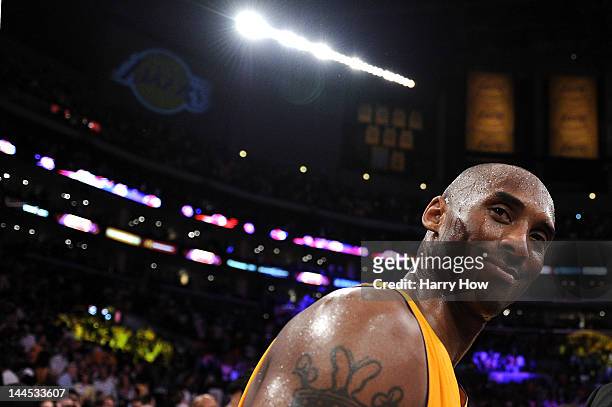 Kobe Bryant of the Los Angeles Lakers reacts late in the fourth quarter while taking on the Denver Nuggets in Game Seven of the Western Conference...