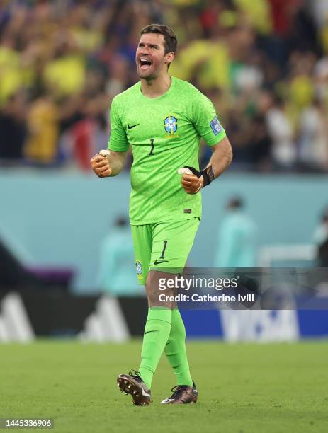Alisson Becker of Brazil celebrates a goal during the FIFA World Cup Qatar 2022 Group G match between Brazil and Switzerland at Stadium 974 on...
