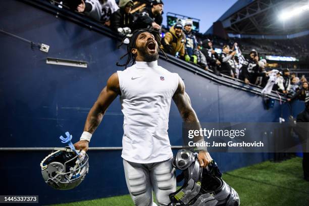Ameer Abdullah of the Las Vegas Raiders celebrates after beating the Seattle Seahawks 40-34 in overtime at Lumen Field on November 27, 2022 in...