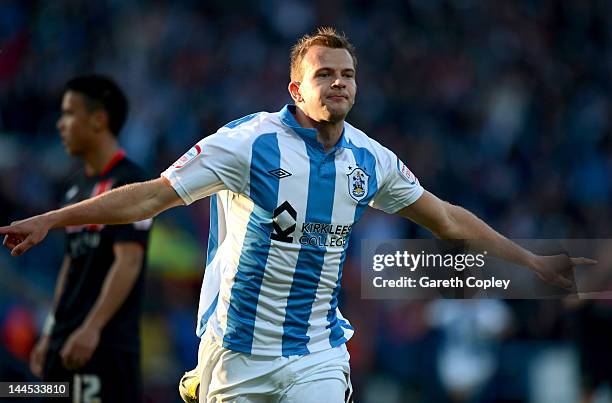 Jordan Rhodes of Huddersfield celebrates scoring the opening goal during the npower League One Semi Final 2nd Leg match between Huddersfield Town and...