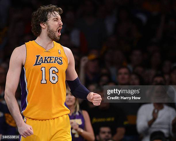 Pau Gasol of the Los Angeles Lakers reacts in the fourth quarter while taking on the Denver Nuggets in Game Seven of the Western Conference...